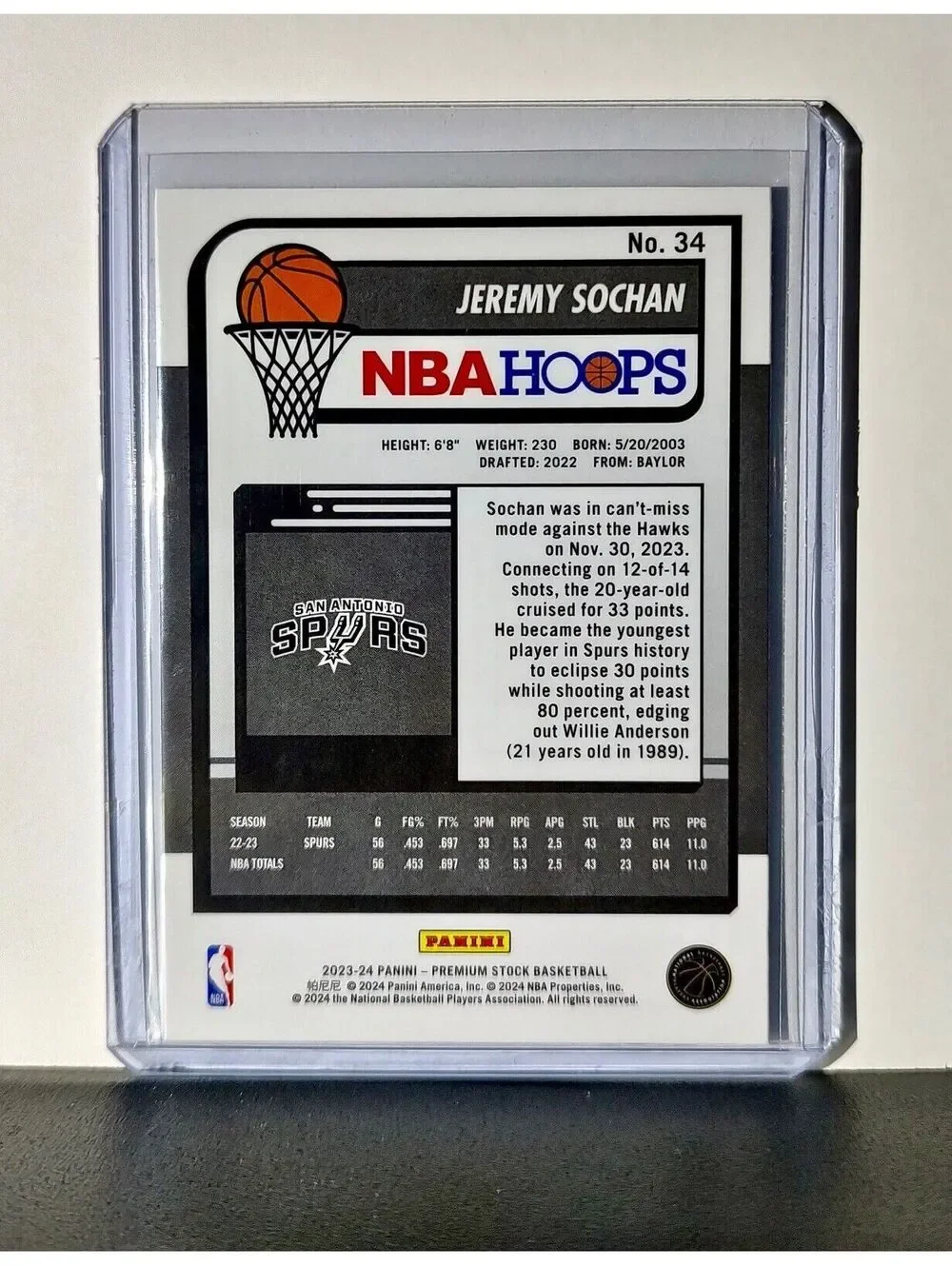 Jeremy Sochan 2023-24 Panini Premium Stock NBA Hoops #34 Card San Antonio Spurs